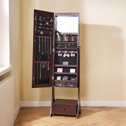 VEVOR Sieradenkast, 41 x 36 x 157 cm, met spiegel, sieradenspiegel-organizer met slot en full-body spiegel, fluwelen voering, ledlicht, lade voor sieraden, effecten, bruin