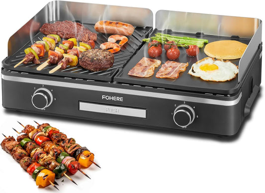 FOHERE Elektrische grill, 2400 W, tafelgrill met 2 gescheiden regelbare grillplaten (glad en geribbeld), duo-grillsysteem, 5-traps temperatuurregeling (zwart)