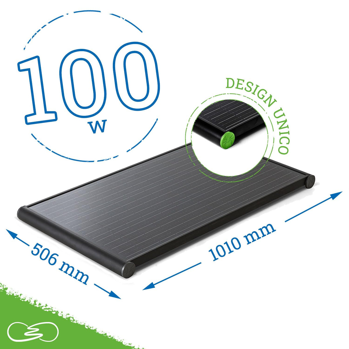 MOSCATELLI PERC Zonnepaneel voor camper, 100 W, met zwart aluminium profiel voor dakbevestiging, zonder regelaar