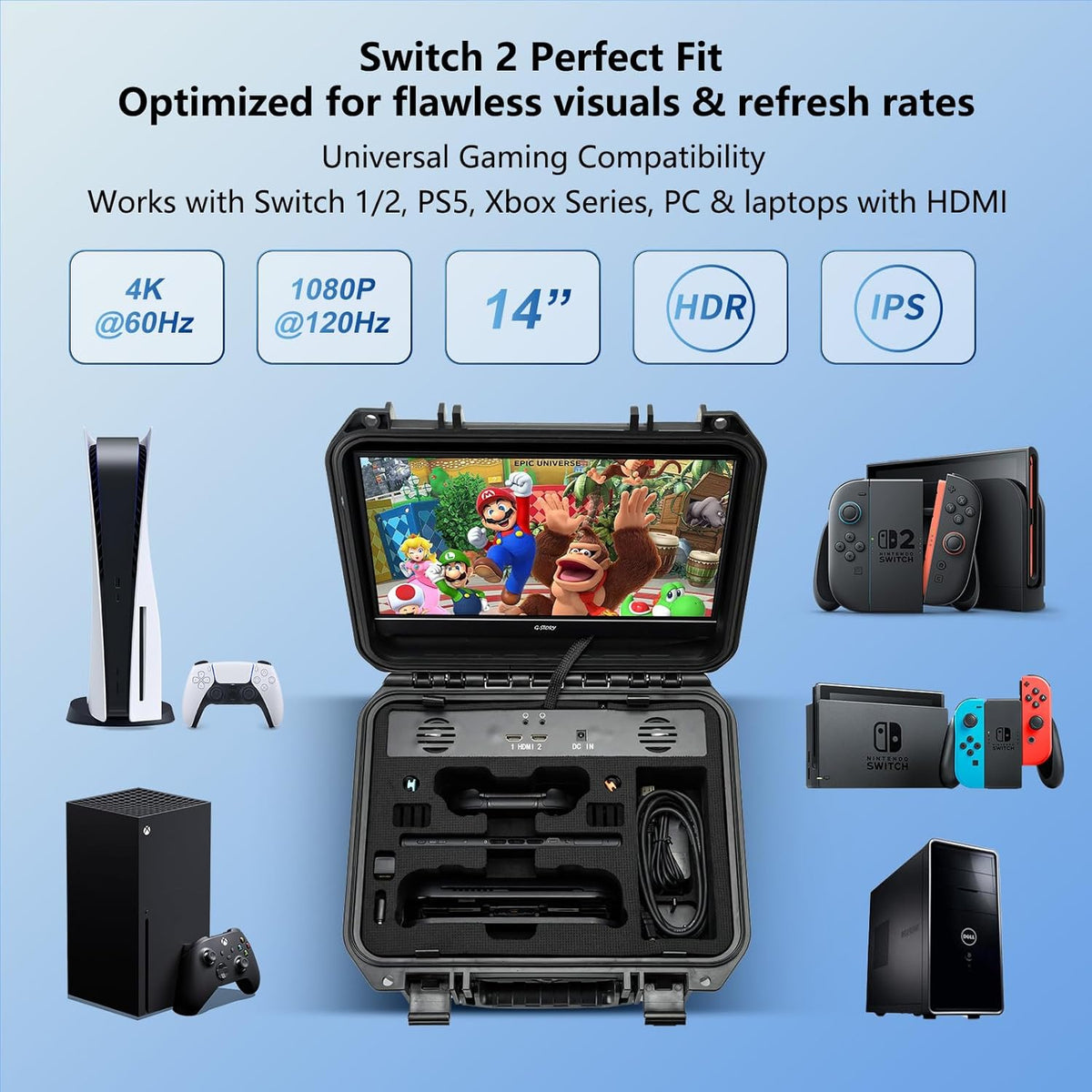 G-STORY Portable Monitor Case for Switch 2, 4K & 60Hz or 1080p and 120Hz, Portable Gaming Monitor, IPS Screen, HDMI, Shockproof, Travel Carrying Case, Play Mode, Travel Monitor (Not Included) - QUORE
