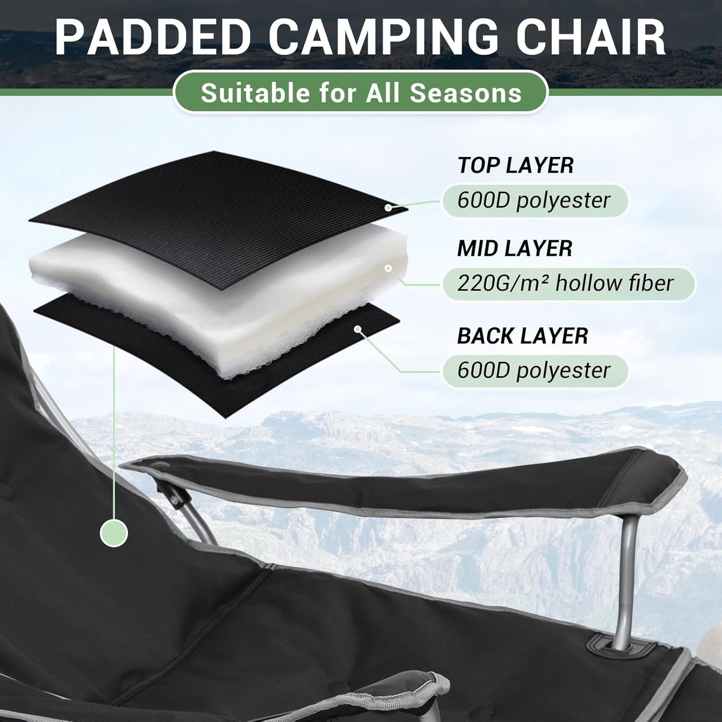 #WEJOY 2-in-1 campingstoel, opvouwbaar met voetensteun, gevoerde ligstoel met verstelbare rugleuning, relaxstoel, ligstoel met bekerhouder, ligstoel voor outdoor, camping, zwart, set van 2