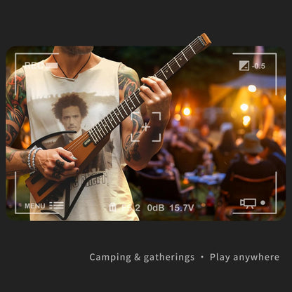 Anygig Reis-elektrische gitaar, ultralicht headless-design met 64 cm palissander-toets, compacte solidbody-oefengitaar met afneembare arm- en beensteunen, zwart