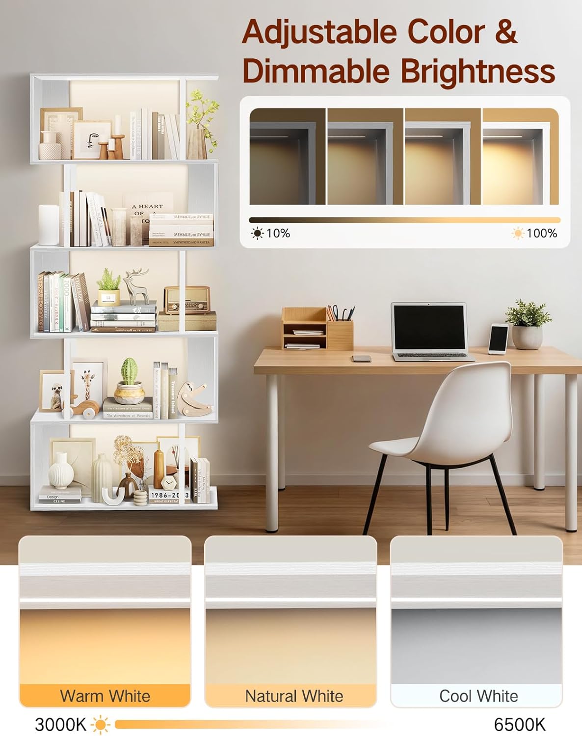 Geometrische S-Vorm Boekenplank Met 5 Niveaus Met Verlichting, Moderne Displaykast Voor Woonkamer, Slaapkamer, Kantoor