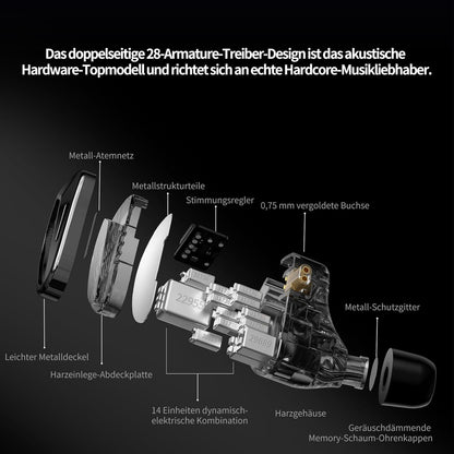 Sonata In-ear monitor hoofdtelefoon, 28 gebalanceerde armatuur met standaard en tuning versie, verzilverde kabel, HD-microfoon voor musici en audiofielen, oortelefoons