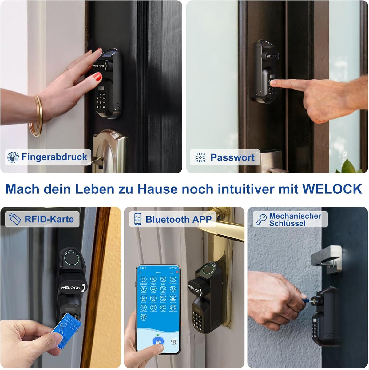 WELOCK U81 Deurslot, vingerafdruk, elektronisch deurslot, code met RFID-kaart, app, wifi, vingerafdrukslot, huisdeur, IP65, slim slotcilinder voor deuren van 60-115 mm, Smart Lock