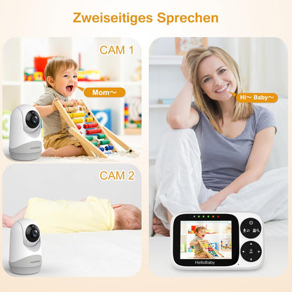 HelloBaby Babymonitor, video en audiocamera voor kinderen, met monitor, 3,2 inch IPS-scherm, zonder wifi, nachtzicht, pan-tilt-zoom, alarm slaapliedje en bereik van 1000 voeten, 2 camera's inbegrepen