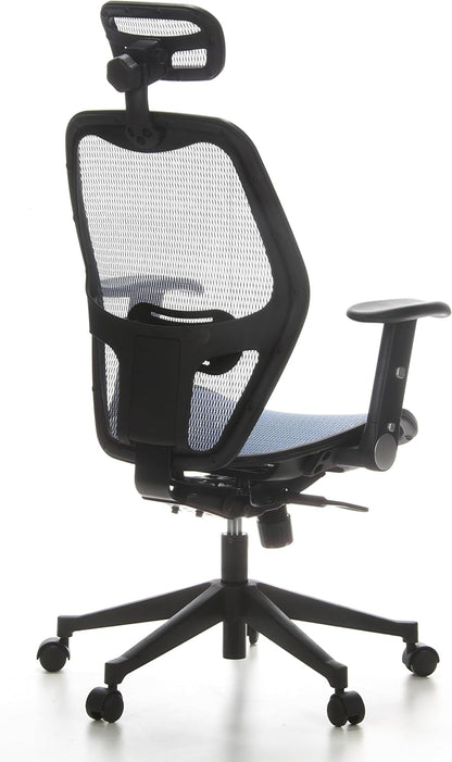 hjh OFFICE 653060 Professionele bureaustoel AIR-Port net blauw draaistoel met lendensteun, armleuningen inklapbaar en verstelbaar