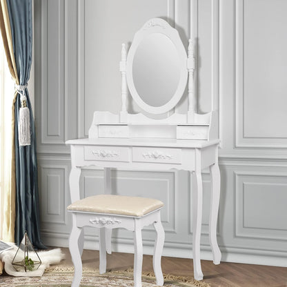 ML-Design Dressing Table White, Dressing Table with Mirror, Stool and 4 Drawers, 75 x 140 x 40 cm, Country Style, Cosmetic Table for Women & Girls, Dressing Table Made of MDF Wood, Dressing Table - QUORE