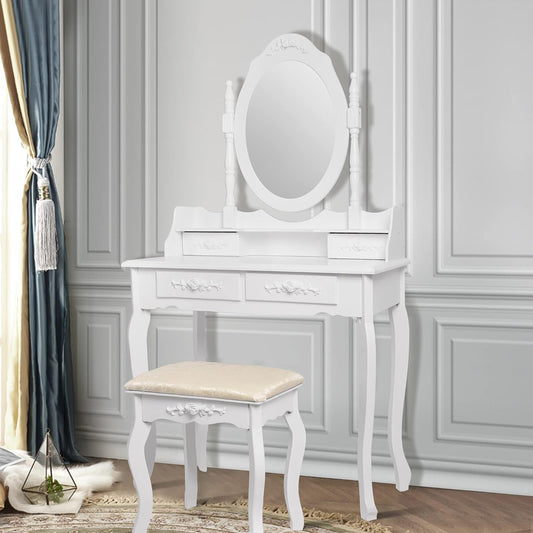 ML-Design Dressing Table White, Dressing Table with Mirror, Stool and 4 Drawers, 75 x 140 x 40 cm, Country Style, Cosmetic Table for Women & Girls, Dressing Table Made of MDF Wood, Dressing Table - QUORE