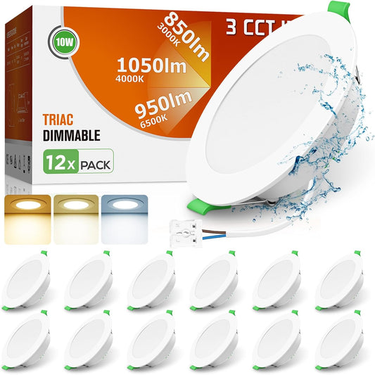 ALUSSO LED Downlights Plafond Dimbaar 10W 1050LM IP44 Inbouw Plafondlampen, 3CCT 3000K Warm 4000K Neutraal 6500K Cool Verstelbare Badkamer Spotlights, Wit, 12 Pack