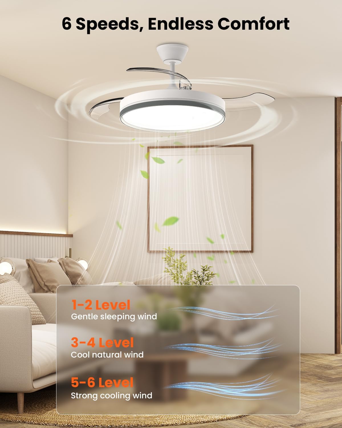 Airwit Intrekbare plafondventilator met verlichting en afstandsbediening, lamp met 3 kleurtemperaturen, stille plafondventilator met licht, DC-motor voor woonkamer, slaapkamer