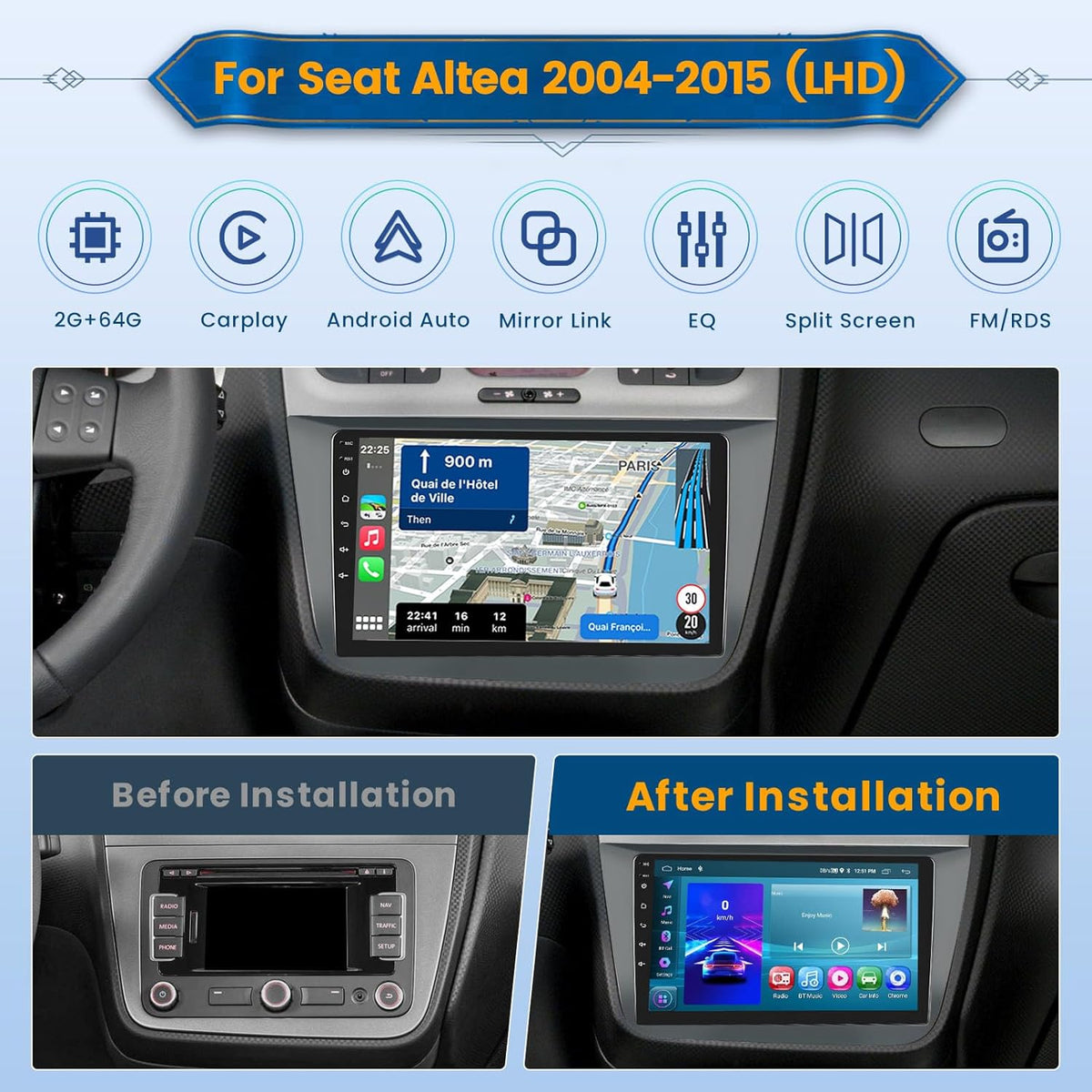 2+64G Android CarPlay Radio voor Seat Altea 2004-2015, 9 Inch Touch Screen met Draadloze CarPlay en Android Auto, Ondersteuning GPS Navigatie Link Spiegel Bluetooth RDS AHD Wi-Fi DSP