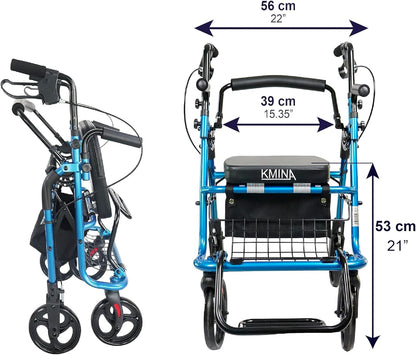 KMINA Rollator 4-wielen, opvouwbaar, licht, zitting, 2-in-1, verstelbaar, comfort, mobiliteit, blauw