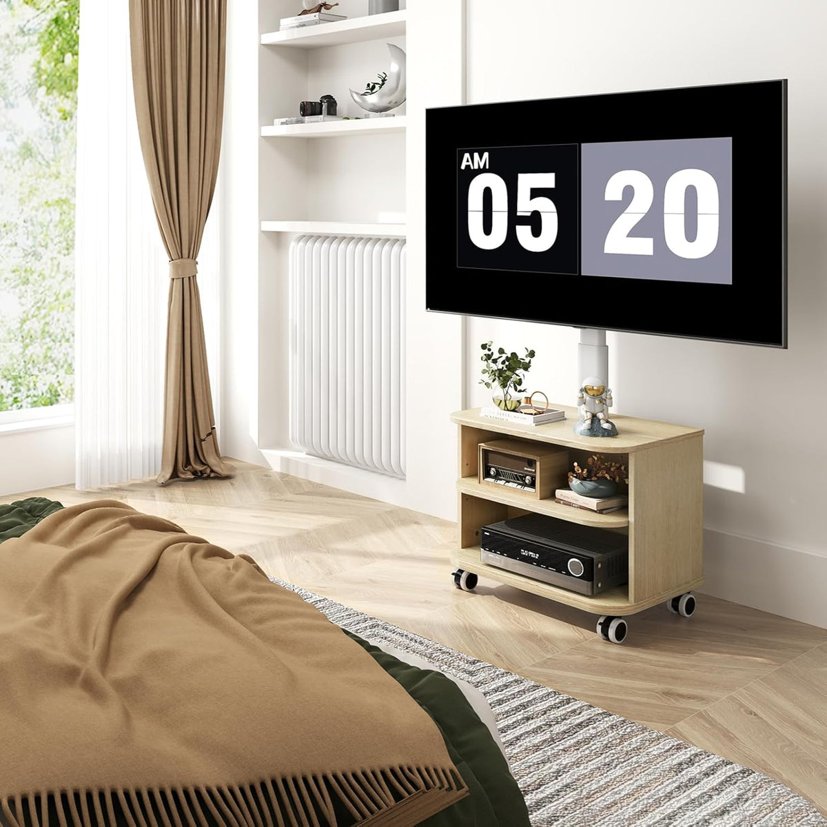 5Rcom Witte TV-standaard op wielen voor 32-65 inch LED LCD OLED plasma platte gebogen tv's, in hoogte verstelbare tv-kast met beugel tot 40 kg, mobiele tv-standaard met houten planken Max VESA
