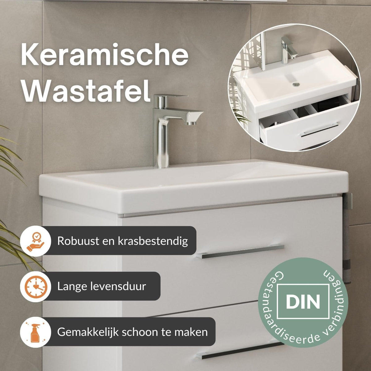 Planetmöbel Bathroom Furniture Set Sink with Bathroom Furniture 63 x 60 x 36.5 cm, Mirror Cabinet 60 cm with LED Lighting (Matt Black) & Socket, Modern Bathroom Furniture, White - QUORE