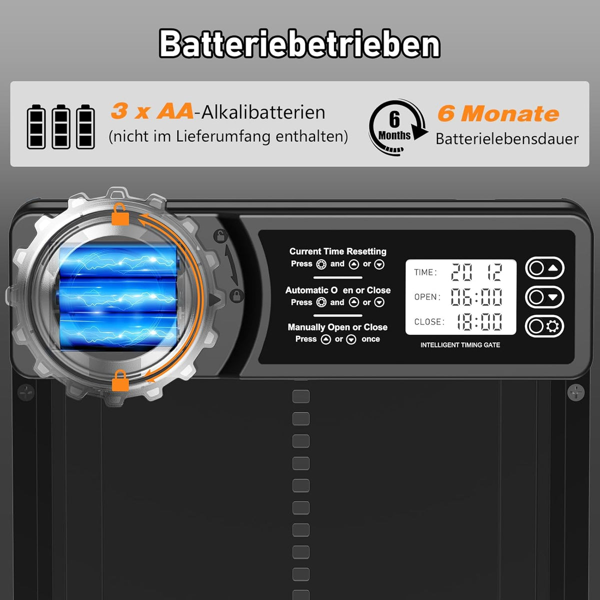 Aluminium automatische kippenklep, batterij, elektrische kippenklep met waterdicht, groot display, timer, handmatig, automatische kippendeur, intelligente klembeveiliging
