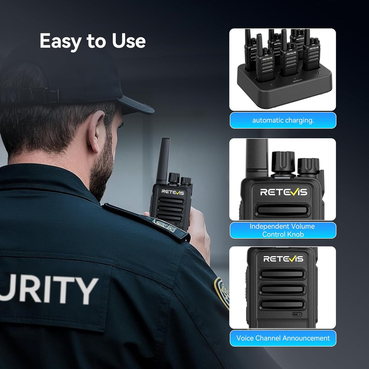 Retevis RT668 Walkietalkie met Headset, PMR446 Licentievrije Radio, Lange Afstand Walkietalkie Oplaadbaar, Draagbare 2-Weg Radio voor Beveiliging, Restaurant en Hotel (Zwart, 6 Stuks)