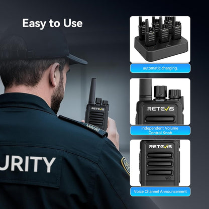 Retevis RT668 Walkietalkie met Headset, PMR446 Licentievrije Radio, Lange Afstand Walkietalkie Oplaadbaar, Draagbare 2-Weg Radio voor Beveiliging, Restaurant en Hotel (Zwart, 6 Stuks)