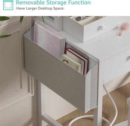 Witte make-uptafel met spiegel en verlichting, make-uptafel set voor kleine meisjes met stoel, make-upcommode met laden en stopcontact voor slaapkamer, klein
