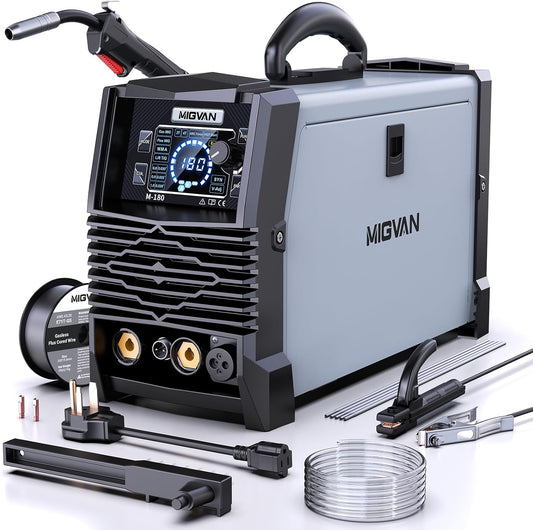 Lasapparaat MIG/MAG 180A IGBT inverter beschermingsgasapparaat, 5-in-1 flux, CO2/MAG, MMA, Lift-TIG, Spoolgun, 230 V, 60% ED, licht en draagbaar, met 2T/4T-synergie voor doe-het-zelf en