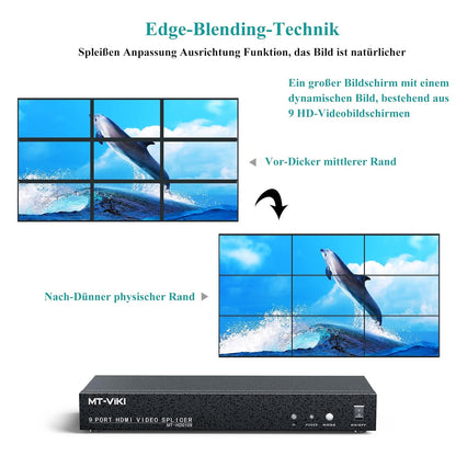 MT-VIKI 4K 3x3 HDMI videowand controller 1 in 9 Out schermsplitsing 9 poort video wall processor ondersteunt 13 weergavemodi 4K @30Hz