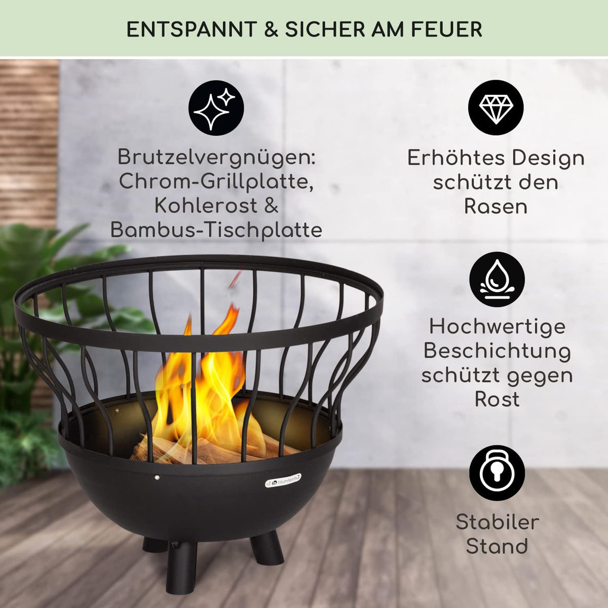 blumfeldt Vuurplaats voor tuin, draagbare vuurplaats met barbecue, outdoor reizen, circulaire vuurschaal, grillrooster met bamboe deksel en stalen kom, barbecuetafelset voor camping en terras,