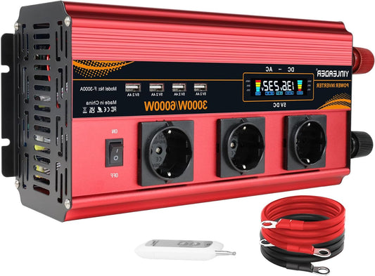 Spanningsomvormer – DC naar AC Omvormer – 12V naar 230V Converter – Stroomomzetter – Inverter – 3000W Continu Vermogen – Draadloze Afstandsbediening & 4 USB Poorten - QUORE