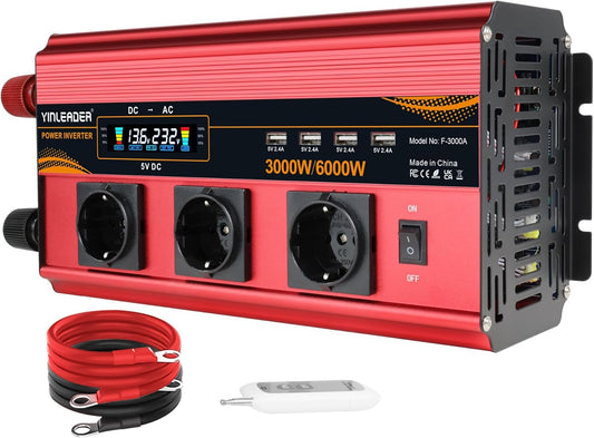 Spanningsomvormer – Omvormer – Inverter – Stroomomvormer – Spanningsconverter – 12V Naar 230V AC – 3000W Nominaal, 6000W Piekvermogen Met 4 USB-Poorten En 3 AC-Stopcontacten