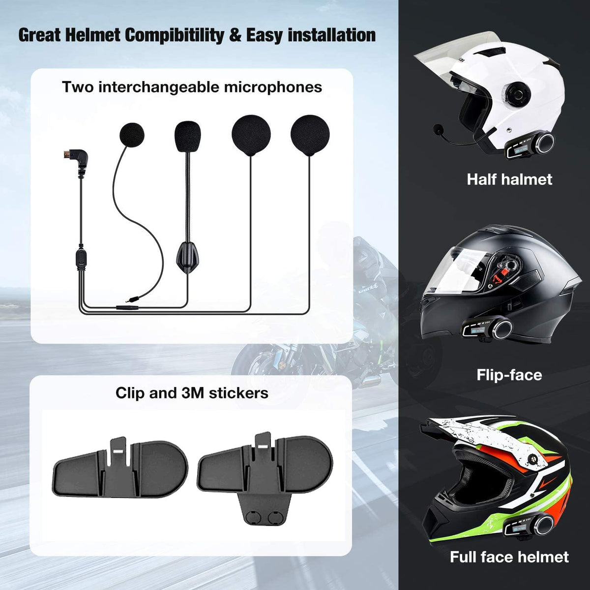 QSPORTPEAK M2C Motorfiets Intercom Headset Luidsprekers, 1000 m 6 Rijders Motorbike Intercom Universele Bluetooth Motorhelm Communicatie Systeem Spraakwijzerplaat/Bruikbaar tijdens het opladen (2