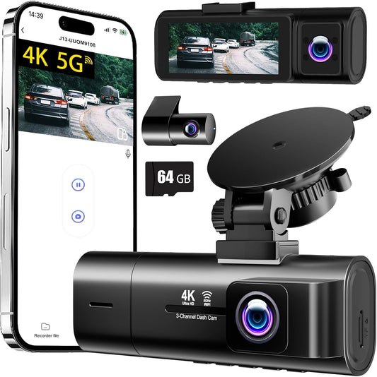 Dash Cam voor en achter binnen, 3-kanaals dashcam voor auto, 5G WiFi autocamera met 64 GB SD-kaart, 4K+1080P+1080P Triple Lens Dash Camera