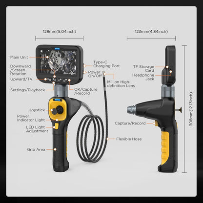 Endoscoop inspectiecamera, vierwegs scharnierende inspectiecamera met 6 LED-verlichting, ingebouwde 2600mAh lithiumbatterij, 4,3 inch scherm, 32 GB TF-kaart, IP67 waterdicht voor smalle