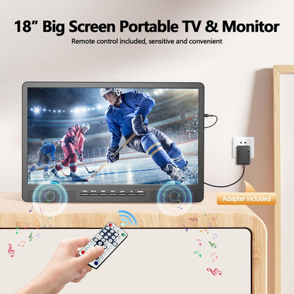 Desobry Draagbare 45,7 cm (18 inch) mini-lcd-tv met DVB/T2-tuner, 12 V, HD 1080P, voor camping buiten, slaapkamer, keuken, ondersteunt USB/HDMI/AV-ingangen