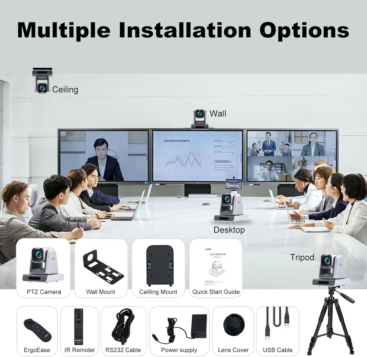 Zowietek 4K PTZ-camera (native NDI|HX3), Ergo-Ease afstandsbediening, ZowieX App, 25x optisch + 12x digitaal, SDI/HDMI/USB, RTSP/RTMP/SRT. Perfect voor vergaderingen, kerk, evenementen, onderwijs.