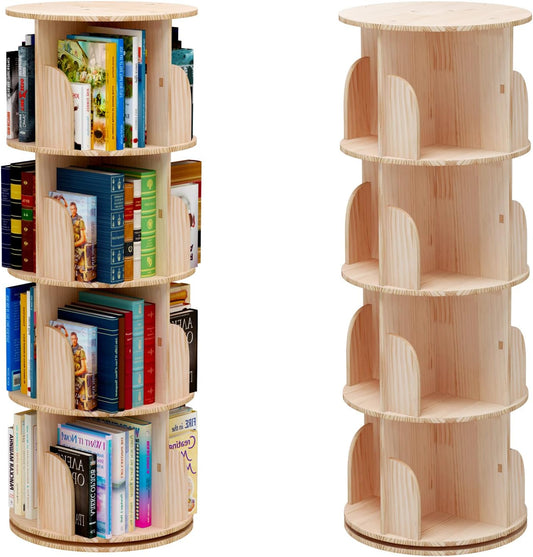 PTUWODS Rotating Bookshelf, 360° Stand Shelf, Storage Rack for Children and Adults, Multifunctional Solid Wood Bookshelf (4 Shelves) - QUORE