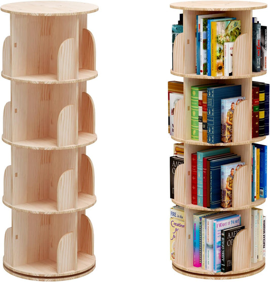 PTUWODS draaibare boekenplank, staand rek, 360 graden, opbergrek voor kinderen en volwassenen, multifunctioneel boekenrek van massief hout (4 planken)