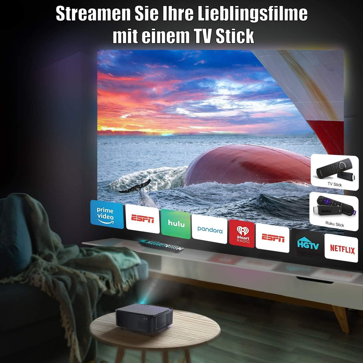 Beamer, Full HD 1080P 1200 ANSI lumen 5G WiFi Bluetooth beamer, 4K ondersteuning, led-thuisbioscoop, videoprojector 300 inch display, compatibel met Fire Stick smartphone, PS5 projector
