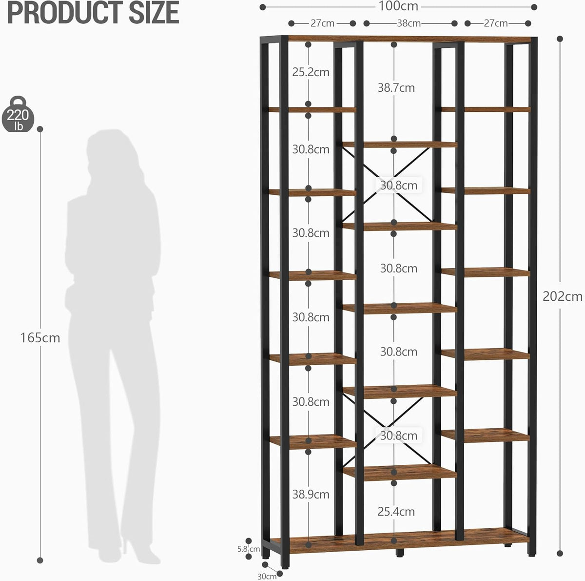 Hzuaneri bookshelf, bookcase with 7 levels and 18 open shelves, adjustable storage cabinet for living room and home office, 30 x 100 x 200 cm, Rustic Brown and Black, BC15601B