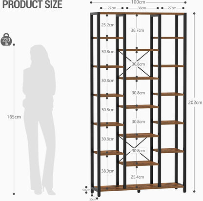 Hzuaneri bookshelf, bookcase with 7 levels and 18 open shelves, adjustable storage cabinet for living room and home office, 30 x 100 x 200 cm, Rustic Brown and Black, BC15601B
