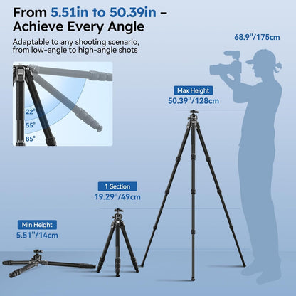 SIRUI Professioneel koolstofvezelstatief met 43 mm kogelkop met laag profiel, max. 50 inch hoogte, 20 kg belasting - ultra stabiel voor DSLR, spiegelloze, camera (AM-284S+G1)