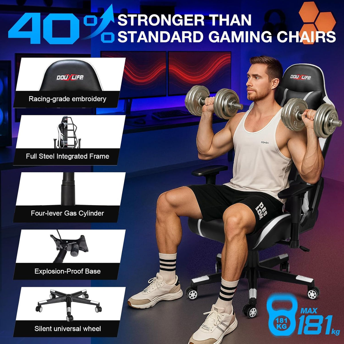Douxlife Gaming Stoel, met 7-punts Massage, Ergonomische bureaustoel met Voetensteun, 90-175° Rugleuning Instelbaar, Verstelbare 2D-Armleuning, PC-gamerstoel, Bureaustoel, 180 kg, Zwart-wit