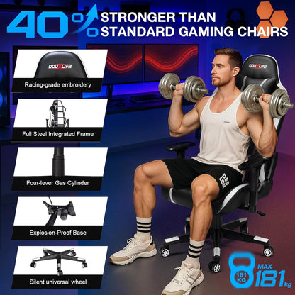 Douxlife Gaming Stoel, met 7-punts Massage, Ergonomische bureaustoel met Voetensteun, 90-175° Rugleuning Instelbaar, Verstelbare 2D-Armleuning, PC-gamerstoel, Bureaustoel, 180 kg, Zwart-wit