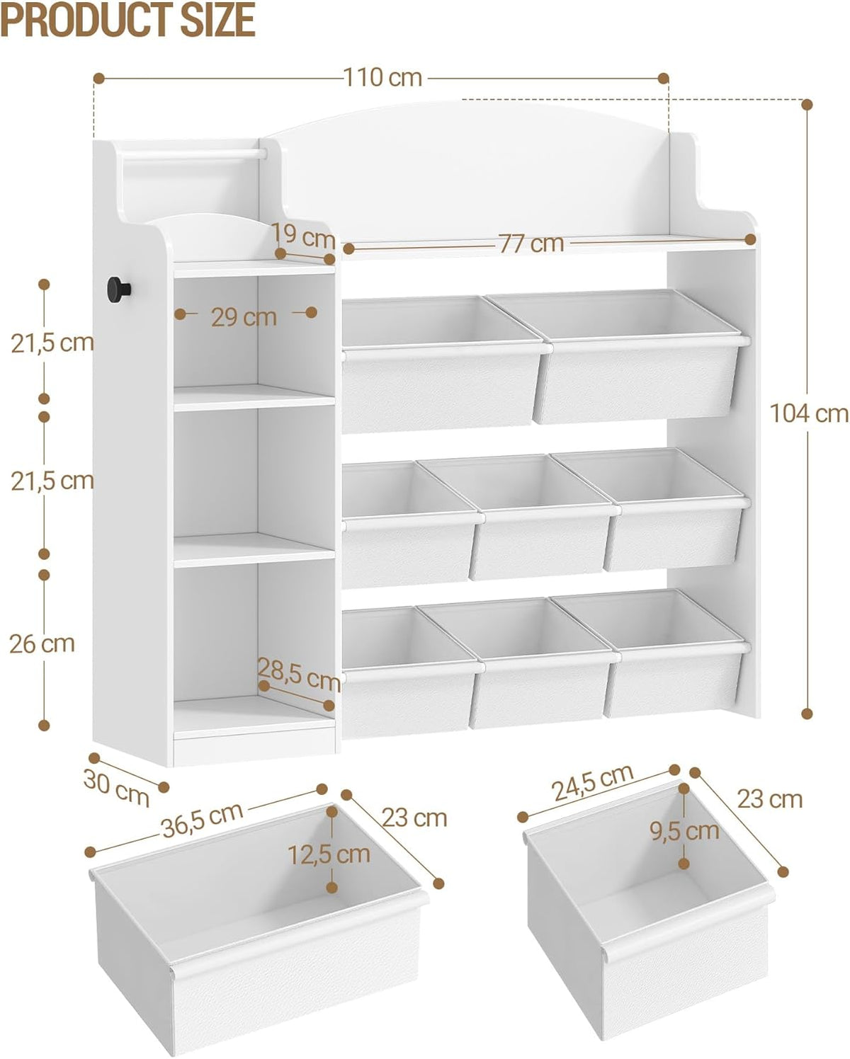Hzuaneri Children's Bookshelf, Wooden Bookshelf, Toy Shelf with 8 Non-woven Boxes, Suitable for Children's Room, Living Room, Study Room White 30 x 110 x 104 cm KB42003W