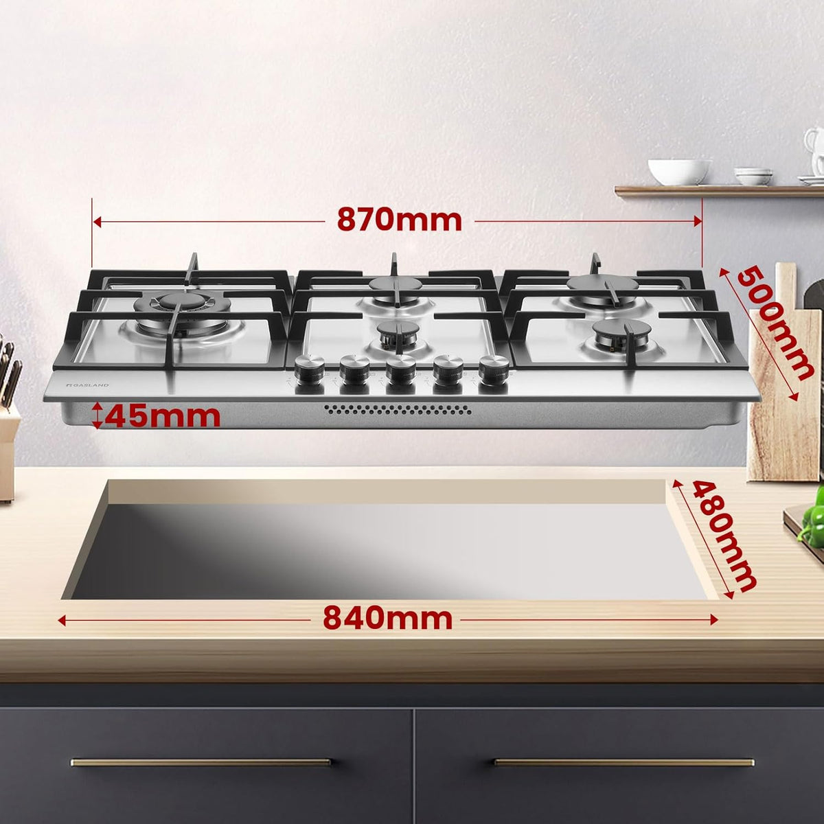 Gaskookplaat – Gasfornuis – Inbouwkookplaat – Gasplaat – Zelfvoorzienend – 87 cm Roestvrij Staal – 5 Vlammen Met Wokbrander 10400 Watt