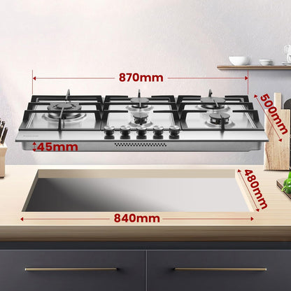 Gaskookplaat – Gasfornuis – Inbouwkookplaat – Gasplaat – Zelfvoorzienend – 87 cm Roestvrij Staal – 5 Vlammen Met Wokbrander 10400 Watt