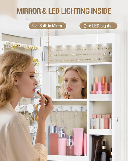 Hzuaneri Jewellery cabinet, mirror cabinet, wall cabinet with LED lighting, wall cabinet with mirror, lockable, with interior mirror, white surface, inner lining by Greige