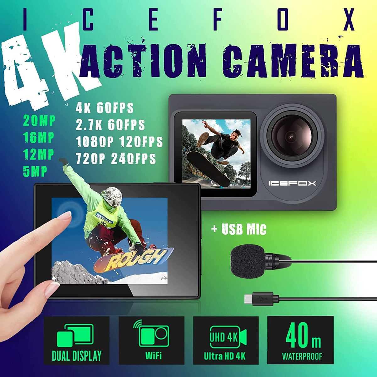 icefox Action Cam 4K Ultra HD 20MP camera onderwatercamera waterdicht 40M 170 graden ultra-groothoek WiFi camcorder EIS stabilisatie met dual 1350 mAh batterij