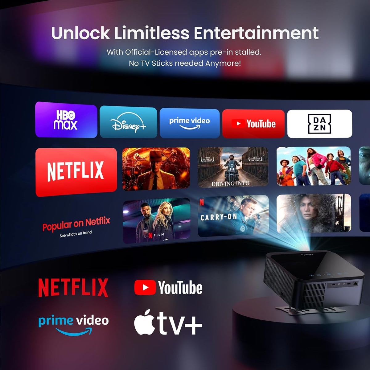 [Officiële Netflix 1000ANSI] 4K home theater projector met App Store, Live TV, 20W Dolby Audio, projector 1080p autofocus/keystone, WiFi6 Bluetooth, DTS, 4K 60Hz lage latentie voor case/spel, Ares A2