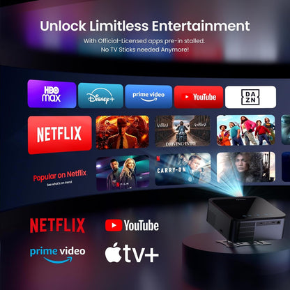[Officiële Netflix 1000ANSI] 4K home theater projector met App Store, Live TV, 20W Dolby Audio, projector 1080p autofocus/keystone, WiFi6 Bluetooth, DTS, 4K 60Hz lage latentie voor case/spel, Ares A2