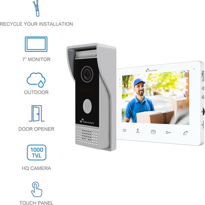 NIVIAN 2-draads video intercom, analoog, met 7 inch monitor, HQ-binnendisplay met bidirectionele audio, IP65 buitenplaat met nachtzicht, elektrische deuropener. Smart Security