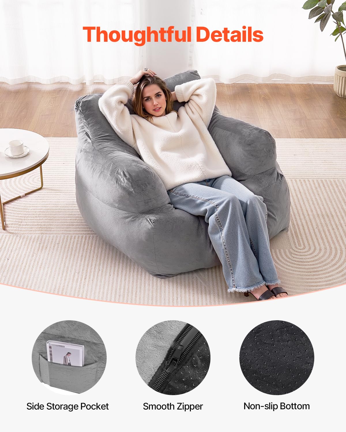 VEVOR Zitzak sofasstoel (1118 x 1143 x 780 mm) met armleuningen voor volwassenen, pluizige pluche en schuimvulling met hoge dichtheid, zitzak met taper, lazy-bank voor slaapkamer, grijs